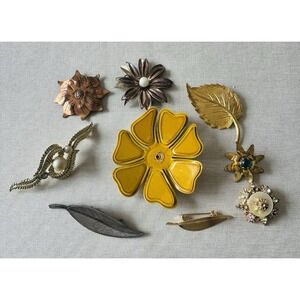 9‎ Vintage Leaf Flower Brooch Gold Silver  Bronze Tone Rhinestones Enameled